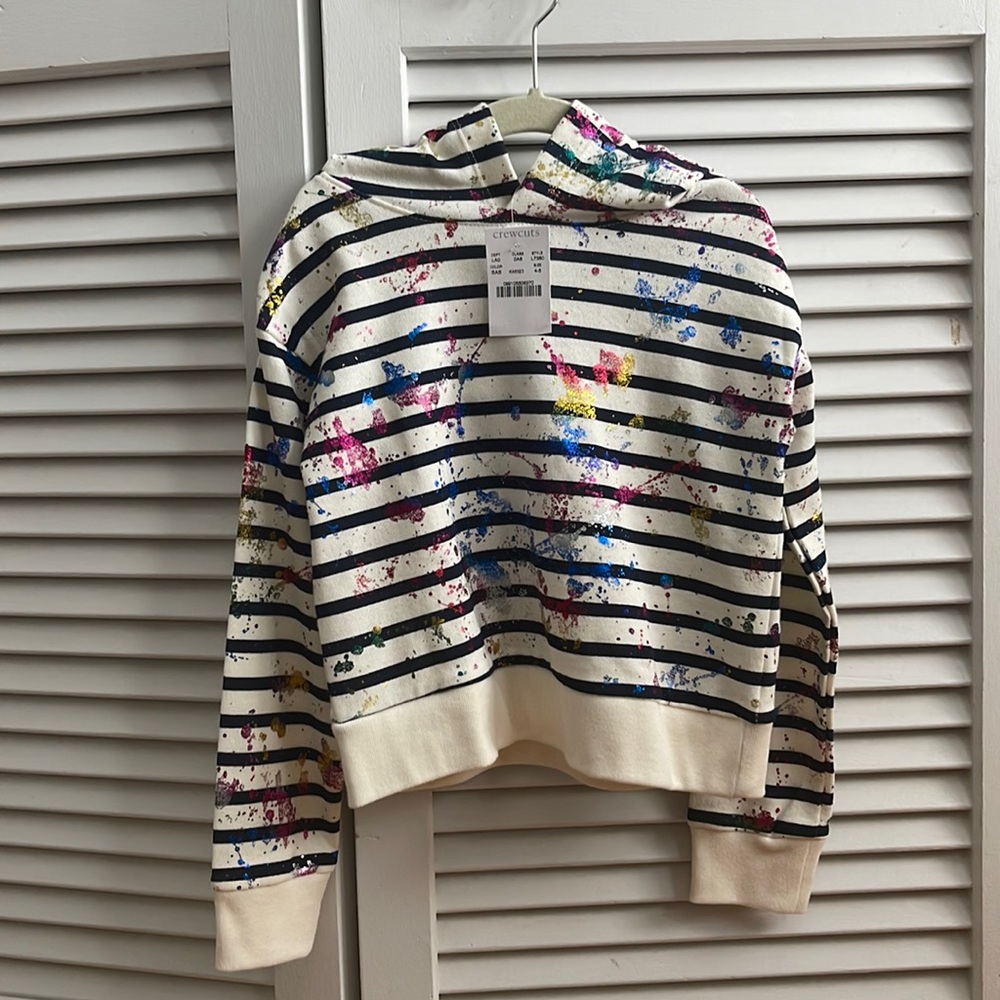 Crewcuts White Stripe Hoodie with Multicolor Paint Splatter